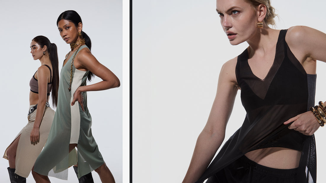 12Twelve new arrivals banner featuring the Frame Knit in Sienna Clay, Air Dress in Sage and Black, and Ease Short styled with the Frame Knit in studio light
