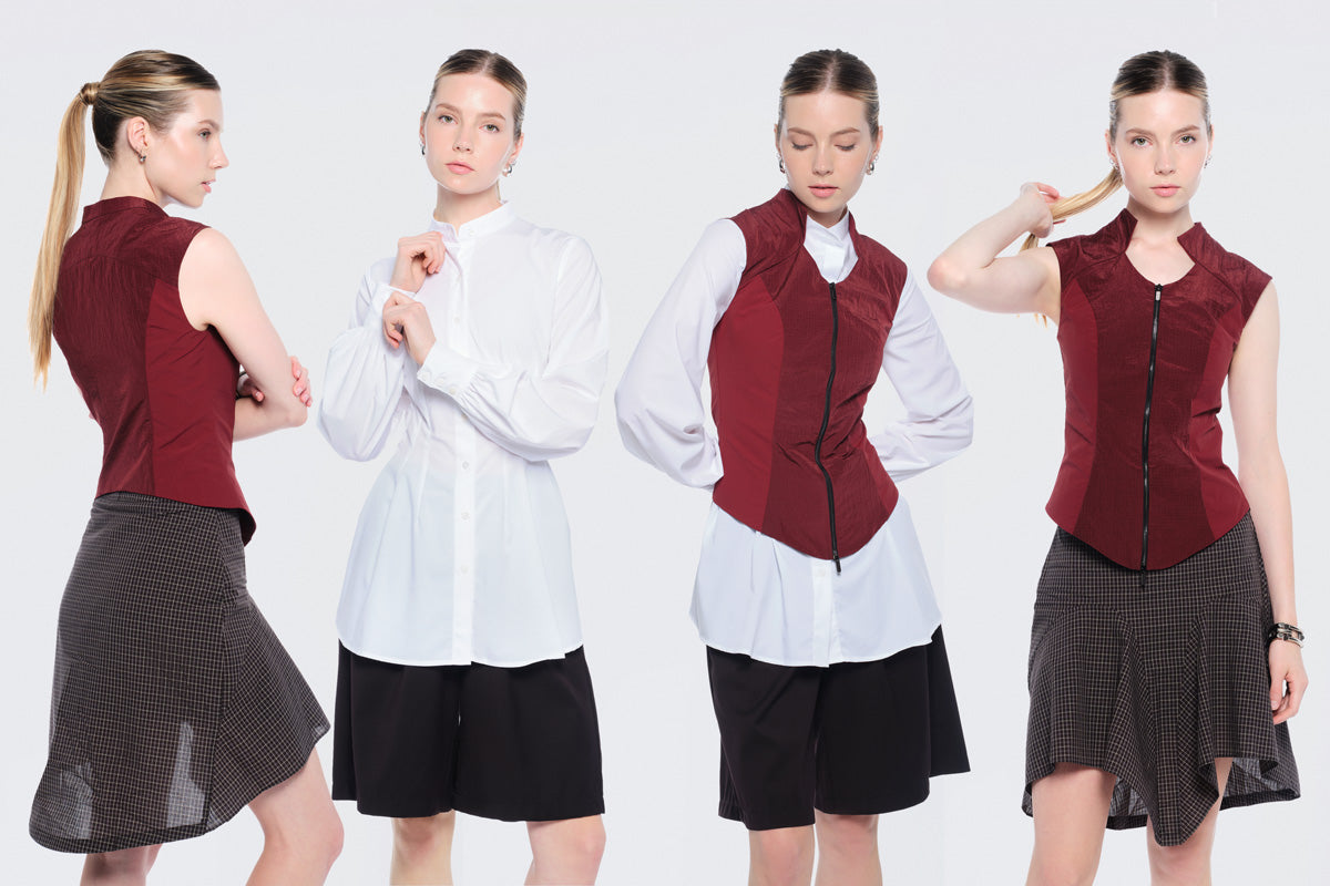 Dress Shirt, Pleat Shorts, Godet Skirt, and Panel Vest
