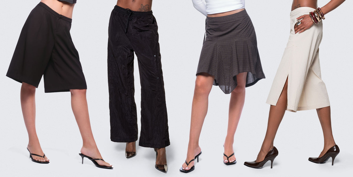 Banner image of four models wearing the 12twelve Pleat Shorts, Track Pants, Godet Skirt, and Ease Shorts. 