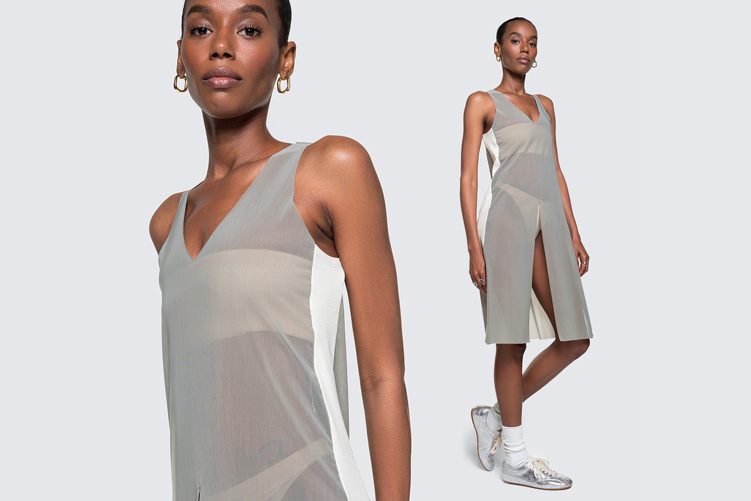Banner with two images of a model wearing the 12twelve air dress in sage green featuring raw edge details and a rib knit side panel.