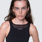 Close-up of 12Twelve bodysuit neckline showing mesh inset and stretch knit fabric