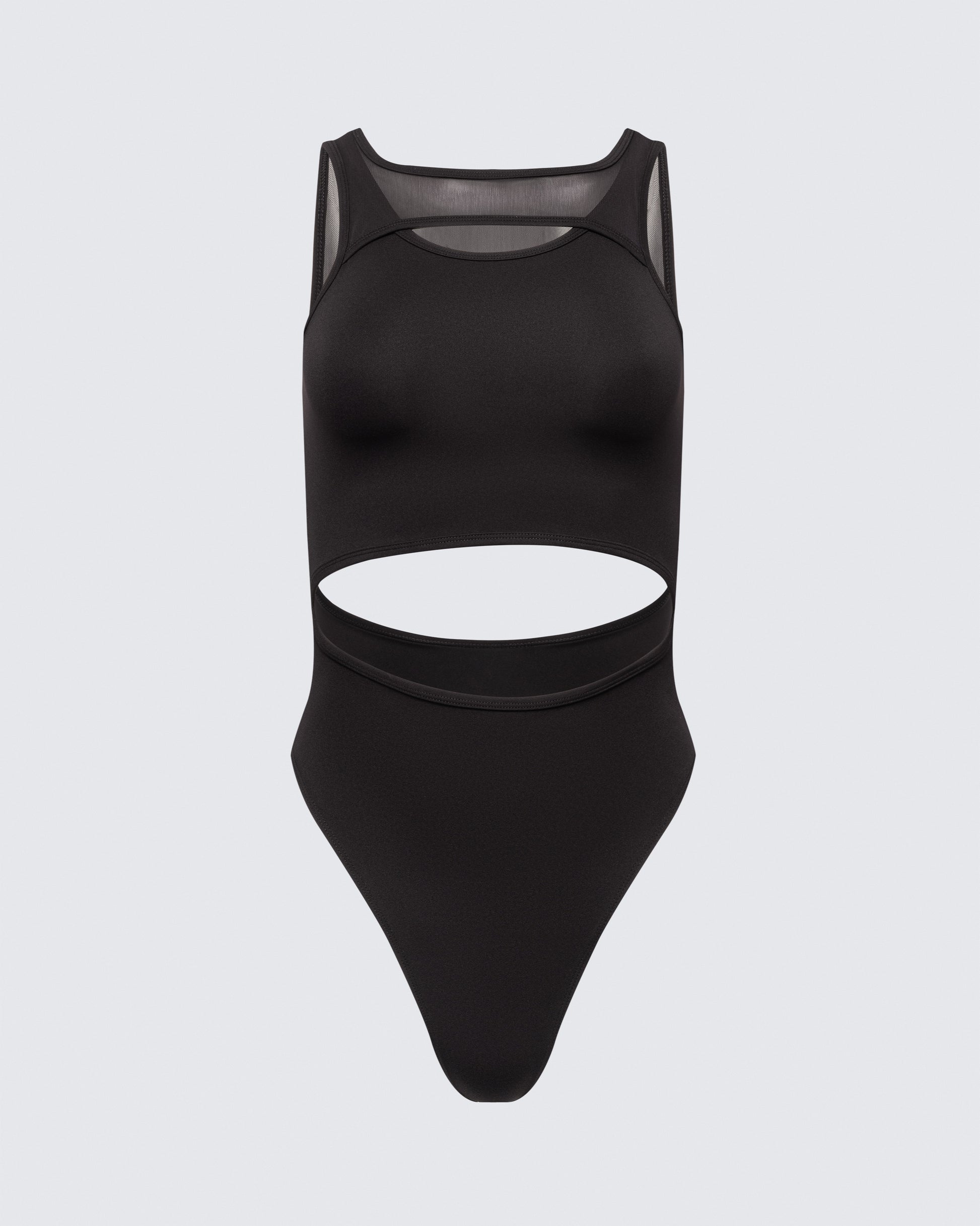 Flat lay of 12Twelve black bodysuit with cut-out waist and minimalist silhouette