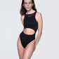 Model wearing 12Twelve black cut-out bodysuit with high-leg and scoop neckline