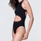 Side profile of 12Twelve black bodysuit featuring curved cut-out and sculpted fit