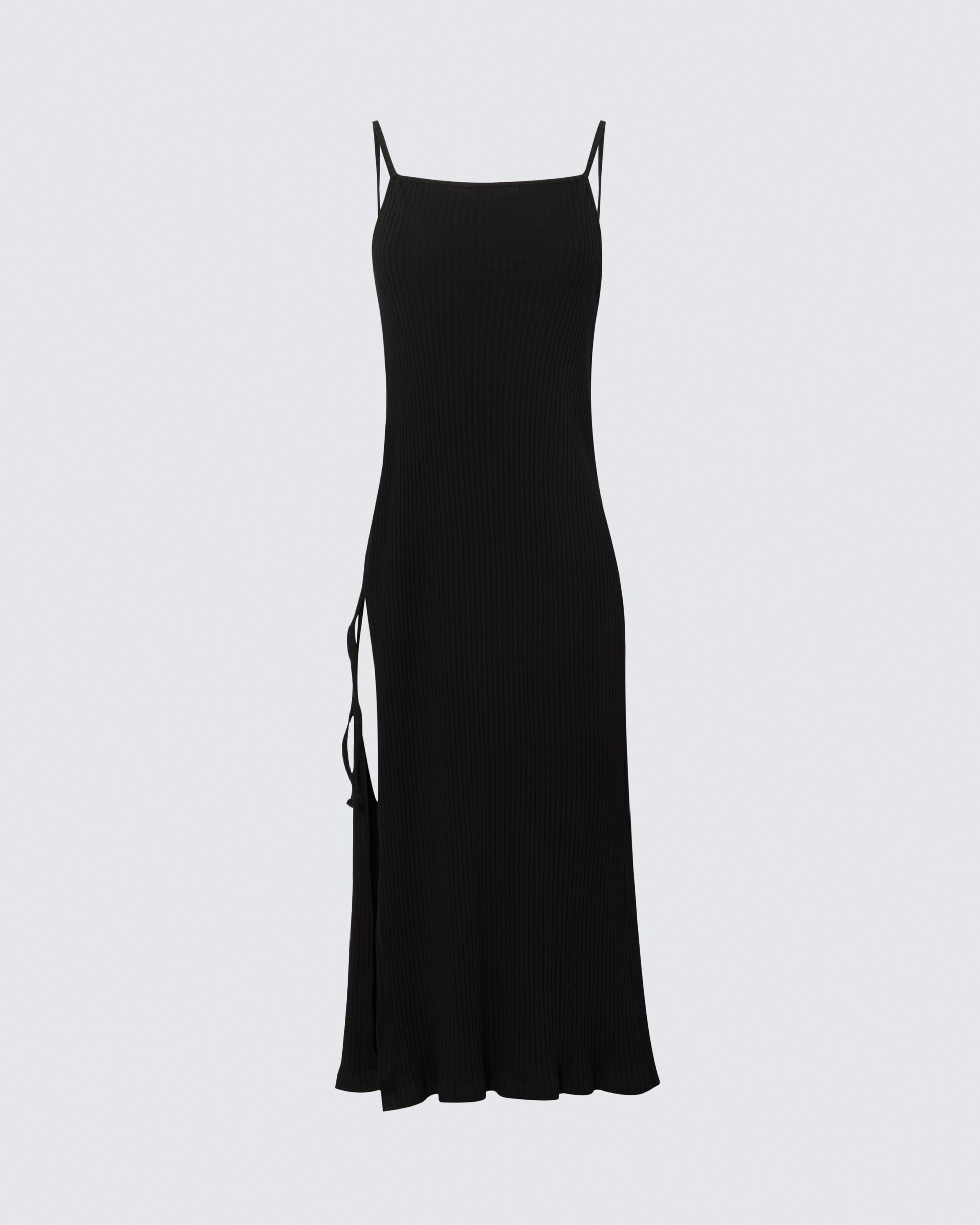 Flat view of black Reversible Wrap Dress showing front slit and minimalist cut