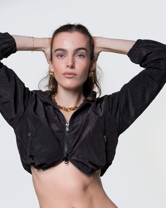 12Twelve black crop jacket styled open, featuring lightweight crinkle fabric and boxy silhouette