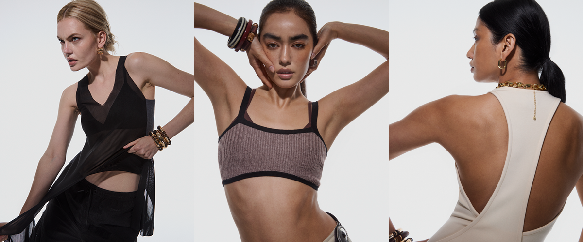 Three models showcasing 12Twelve’s new arrivals: sage Air Dress, sienna clay Frame Knit, and black Air Dress styled with drawstring track pants.