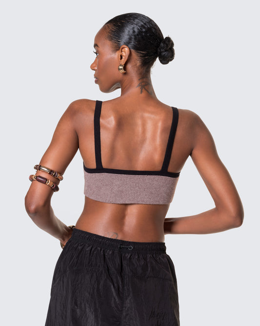 Back of Frame Knit by 12Twelve in Sienna Clay, featuring contrast trim and square cut