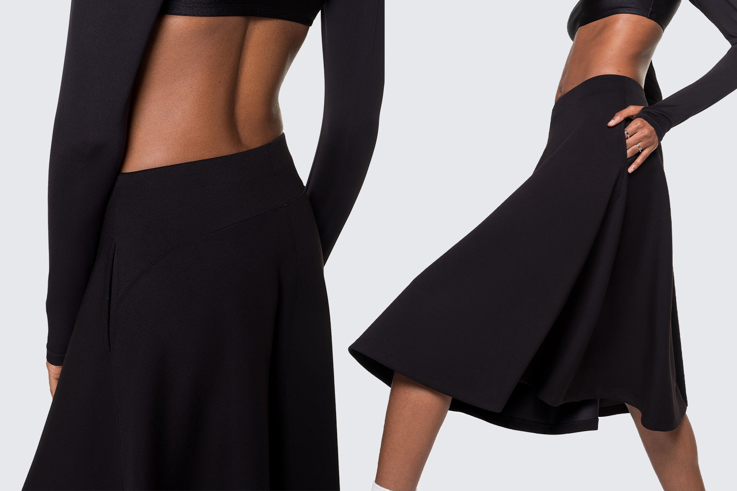 Banner image with 2 pictures of the a model wearing the black heavenly skirt from 12twelve.  On the left you see a back view showing the pockets and waistband while on the right the skirt is in motion. 