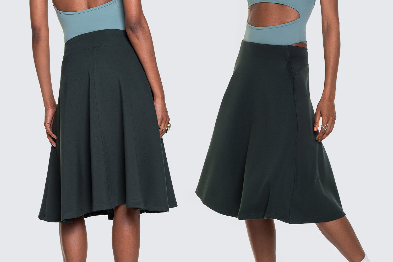 Banner image of models in the 12twleve Heavenly Skirt in Emerald Green showing the fit, a line silhouette and drape of the skirt. 