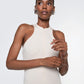 Close-up of 12Twelve Form Dress in ivory with halter-inspired cut and sleek fit