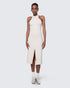 Model wearing 12Twelve Form Dress in ivory, featuring high neckline and center front slit
