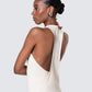 Side-back view of 12Twelve Form Dress in ivory showcasing dramatic scoop back