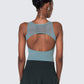 Back of 12Twelve bodysuit in tide blue with mesh and oval cut-out detail