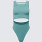 Flat lay of tide blue 12Twelve bodysuit showing cut-out waist and seamless design