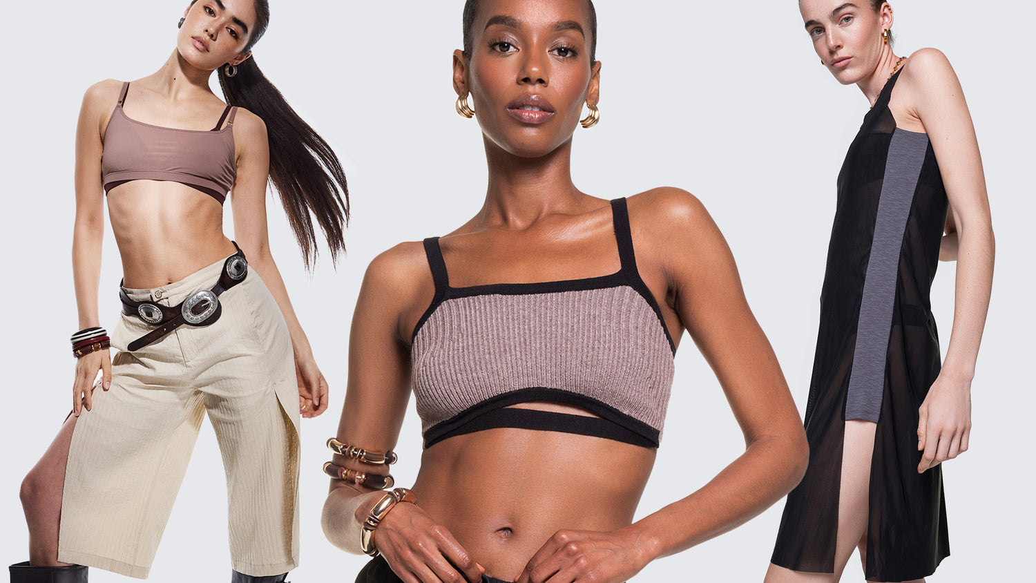 Banner image of three models showing new arrivals from 12twelve including the Ease Short, Frame Knit crop top, and black air dress. 